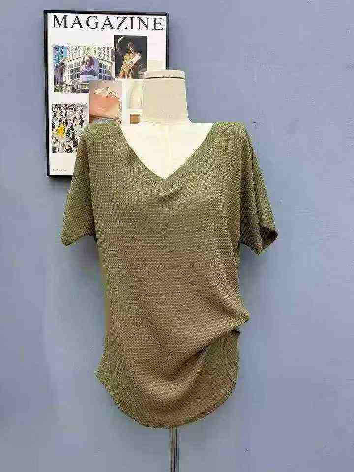 New Women's Waffle Knit V-neck Short Sleeve Summer Blouse 697 Pcs Clearance - Image 2