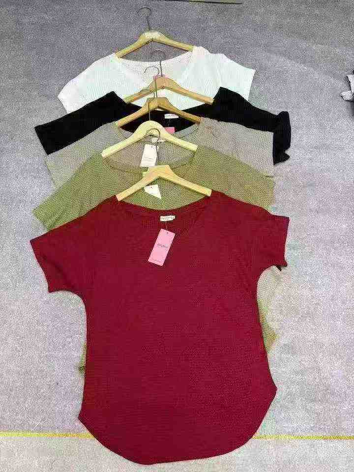 New Women's Waffle Knit V-neck Short Sleeve Summer Blouse 697 Pcs Clearance - Image 6