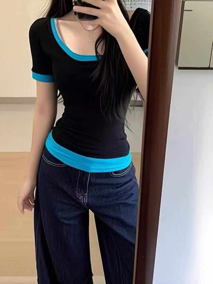 280 Pieces Sexy U-neck Colorblock Fake Two-piece Stretch T-shirt - Image 1