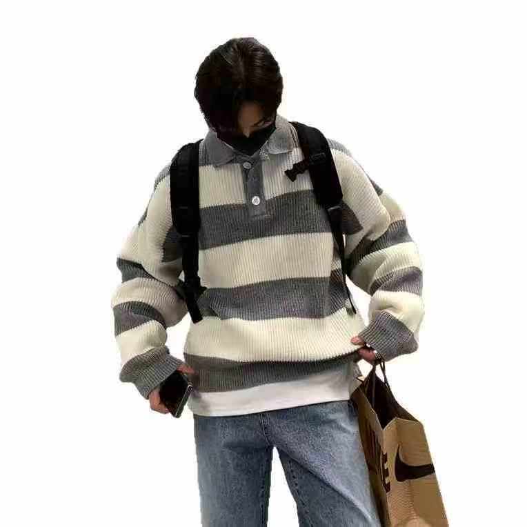 300pcs American Oversize Lapel Stripe Thickened Unisex Knit Sweater - Image 1