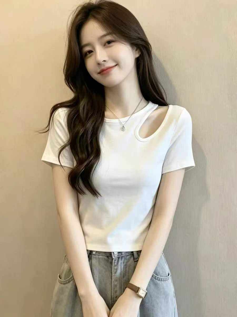 312 Pcs American Sexy Hollow Out Clavicle Short Sleeve T-shirt - Image 1