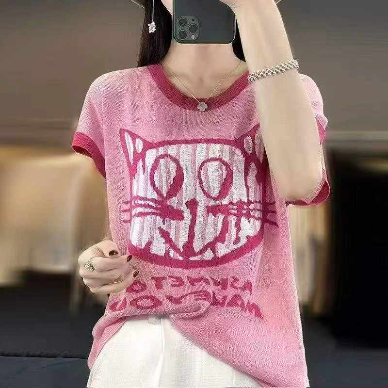 Summer Color-block Cat Jacquard Loose Knit Top 1250PCS - Image 1