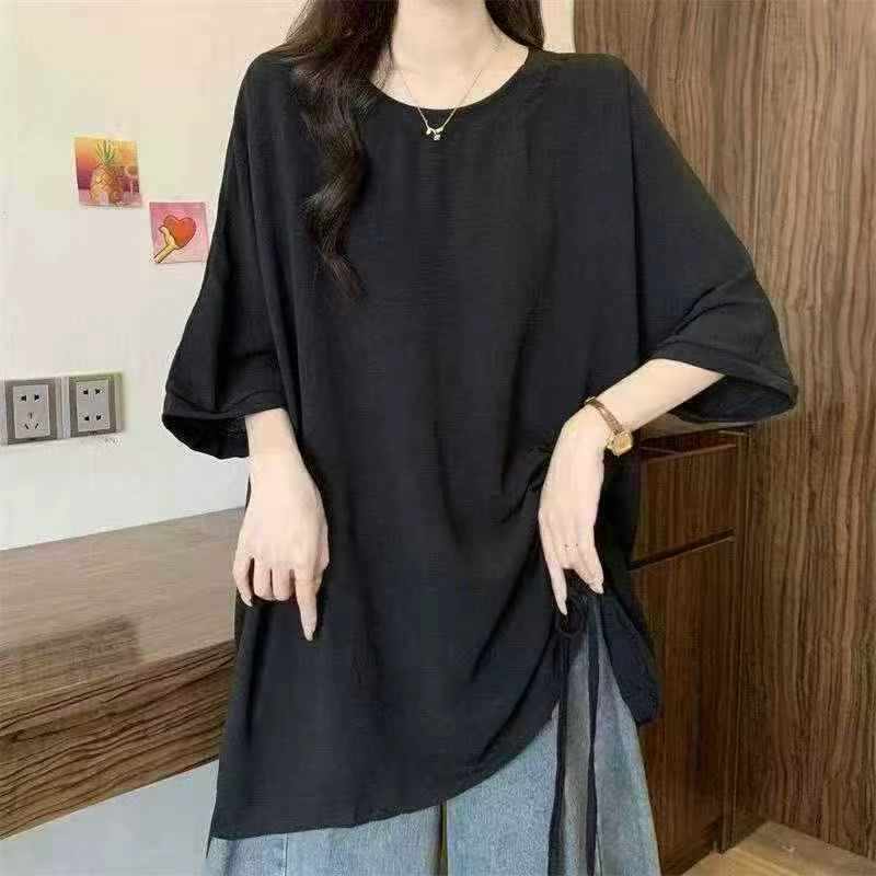 Women's Slit Irregular Mid-length Mid-sleeve Drawstring Sun Protection T-shirt About 500 Pieces - Image 1