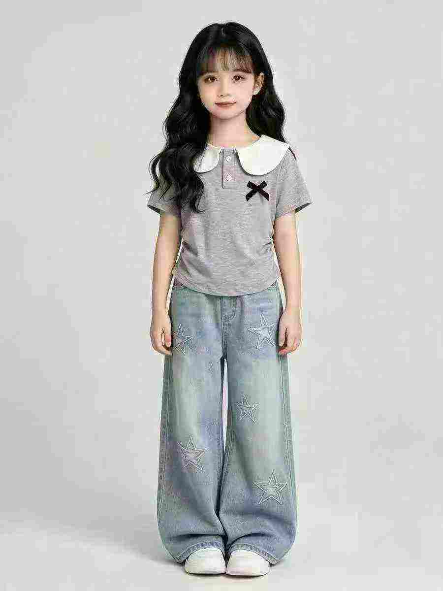 37 Pcs Cotton Kids Doll Collar Colorblock Short Sleeve Tops - Image 1