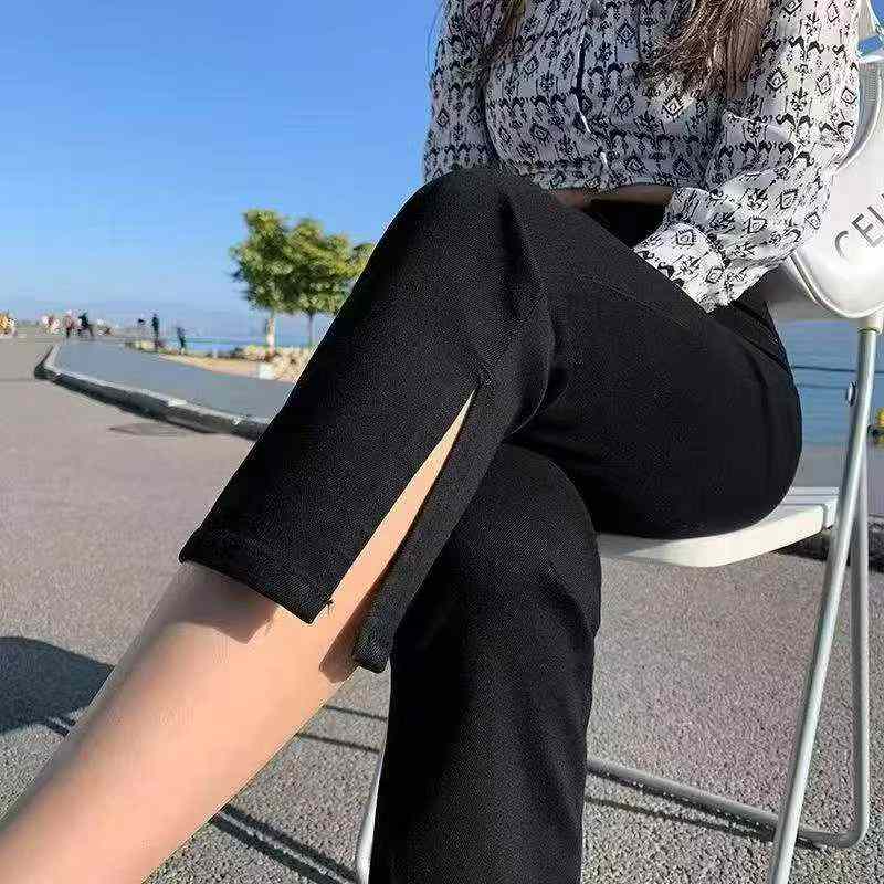Summer New High Elasticity Vintage Washed Cotton Black High Waist Cropped Straight Cigarette Jeans, 460 Pieces - Image 1