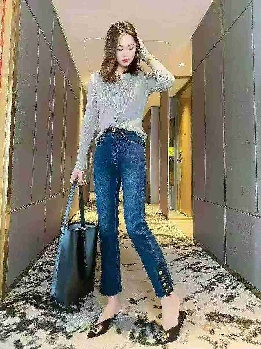 Women's Elastic Dark Blue Split Cuff Double Button Slim Cigarette Jeans 232 Pieces - Image 1
