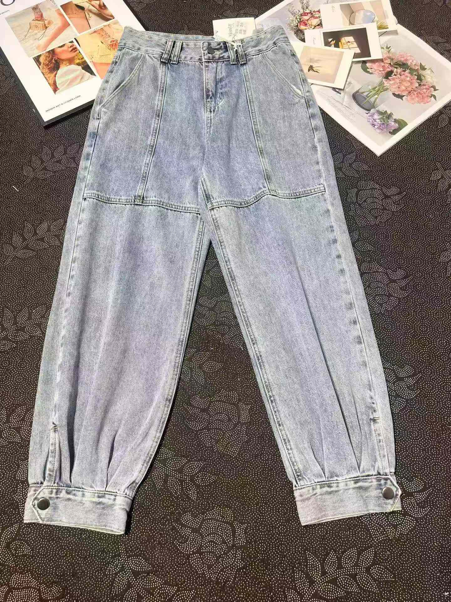 212 Pieces Women's High Waist Loose Side Button Tapered Denim Harem Jeans - Image 1