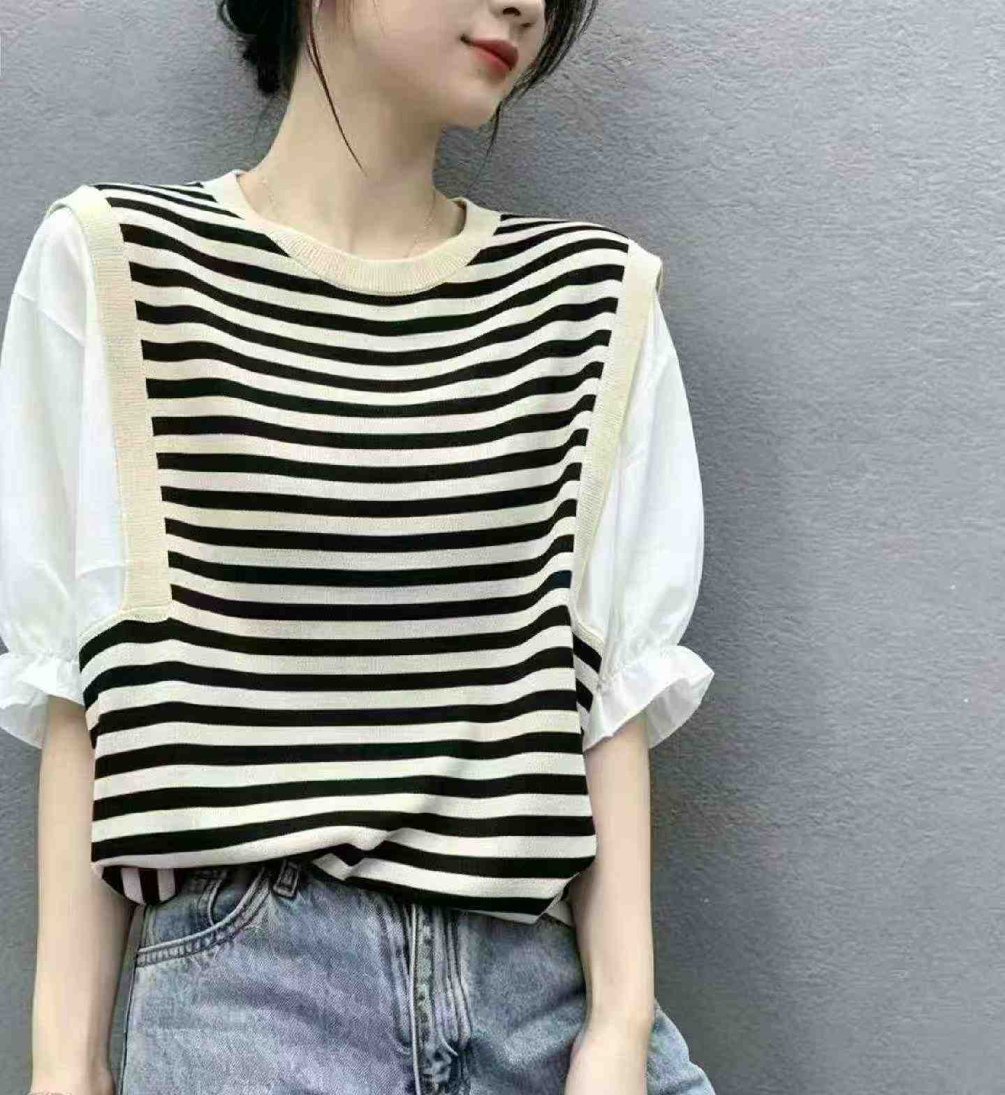 Summer New Trendy Loose Colorblock Stripe Knit Short Sleeve T-shirts, 300 Pieces - Image 1