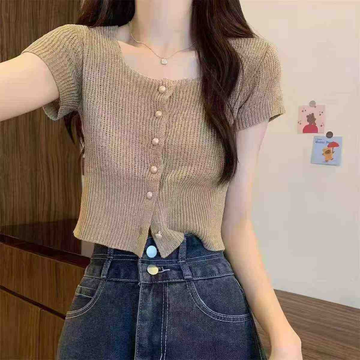 New Summer Korean Style Cropped Waist Cinch Short Sleeve Knit Cardigan, About 80 Pieces - Image 1