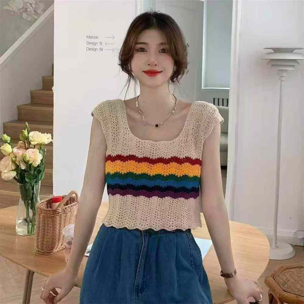 Summer New Rainbow Hollow Out Loose Ice Silk Knit Cami Tank Top 510 Pcs - Image 1