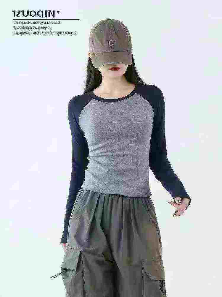 Women's Spring Autumn Contrast Raglan Long Sleeve Slim Crop Top, Total 80 Pieces - Image 1
