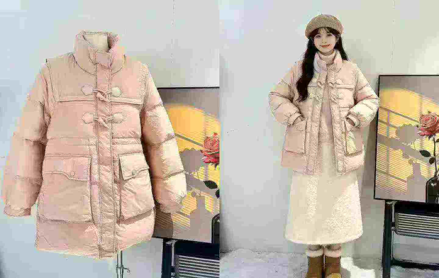 2026 New Korean Style Women's Waisted Mid-Length Horn Button 90 White Duck Down Coat, 120 Pieces Per Lot, 4 Colors 2 Sizes - Image 1