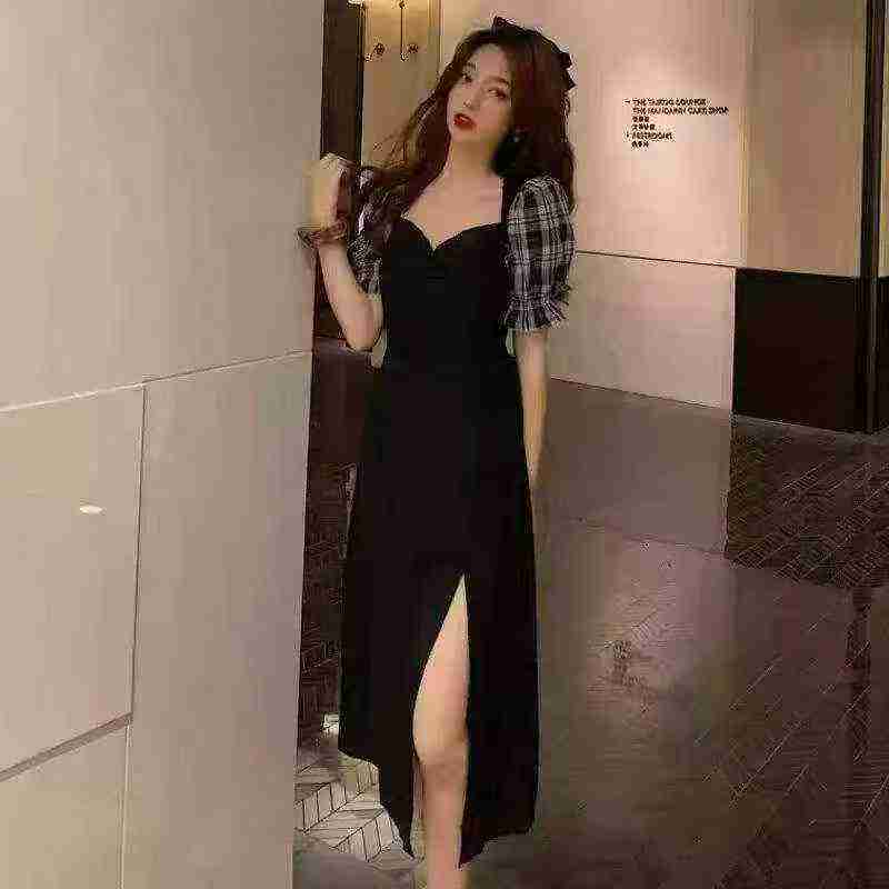 111 Pieces Recycled Hepburn Style Puff Sleeve Slim Waist Split Dress - Image 1