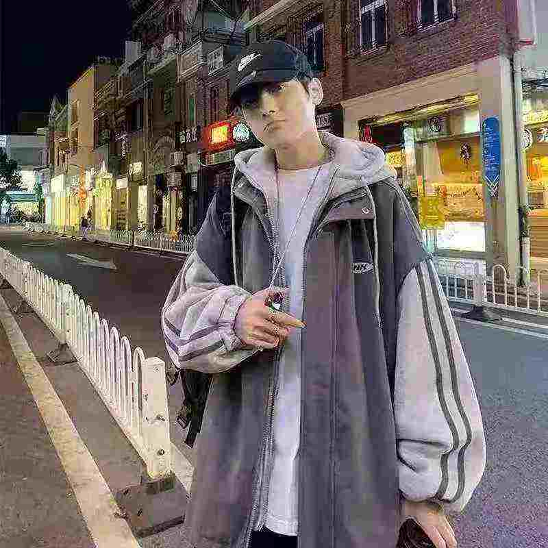 Men's Fake Two-piece Striped Hooded Work Jacket 190PCS - Image 1