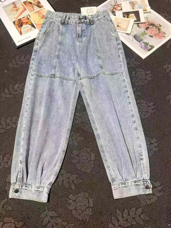 212 Pieces Women's High Waist Loose Side Button Tapered Denim Harem Jeans - Image 1