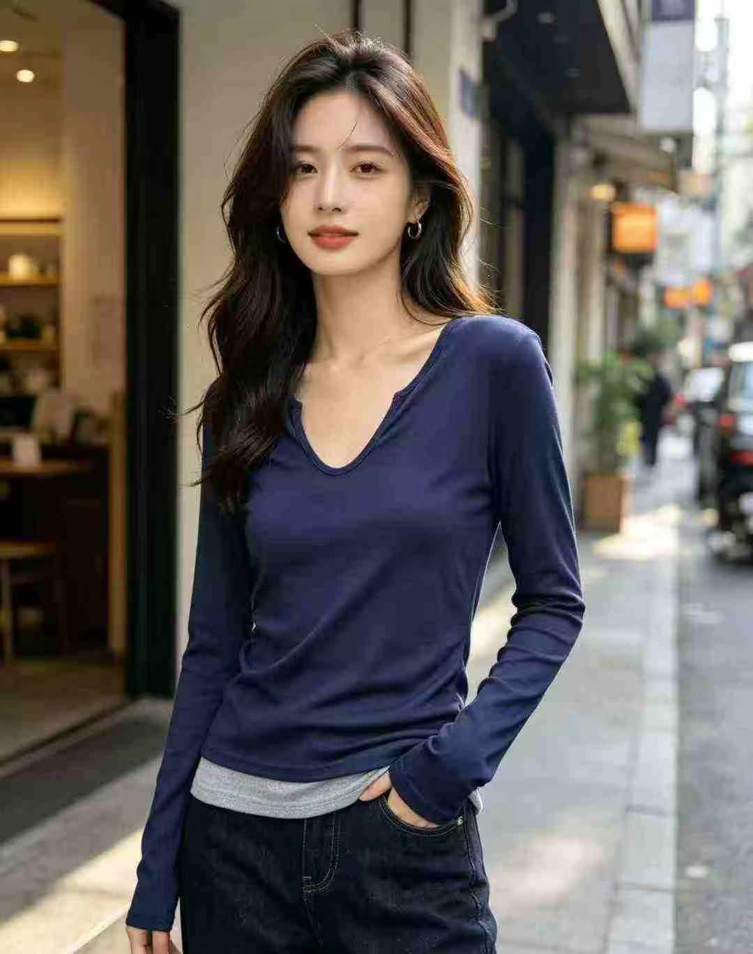 6000 pièces T-shirts slim à manches longues pour femmes à effet faux deux-pièces - Image 2