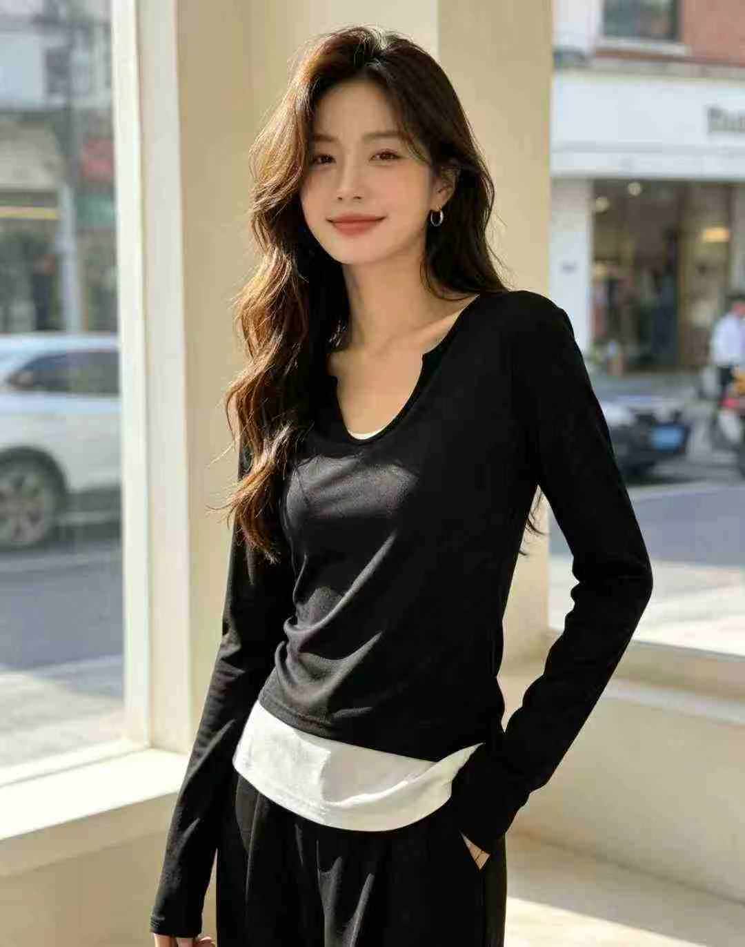 6000 pièces T-shirts slim à manches longues pour femmes à effet faux deux-pièces - Image 4