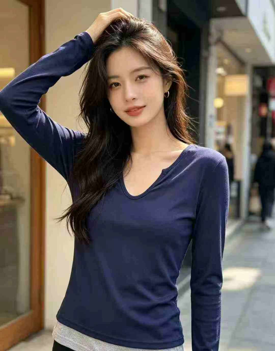 6000 pièces T-shirts slim à manches longues pour femmes à effet faux deux-pièces - Image 5
