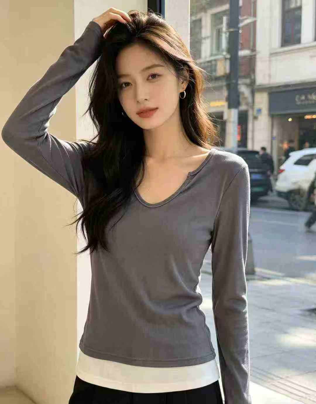 6000 pièces T-shirts slim à manches longues pour femmes à effet faux deux-pièces - Image 6