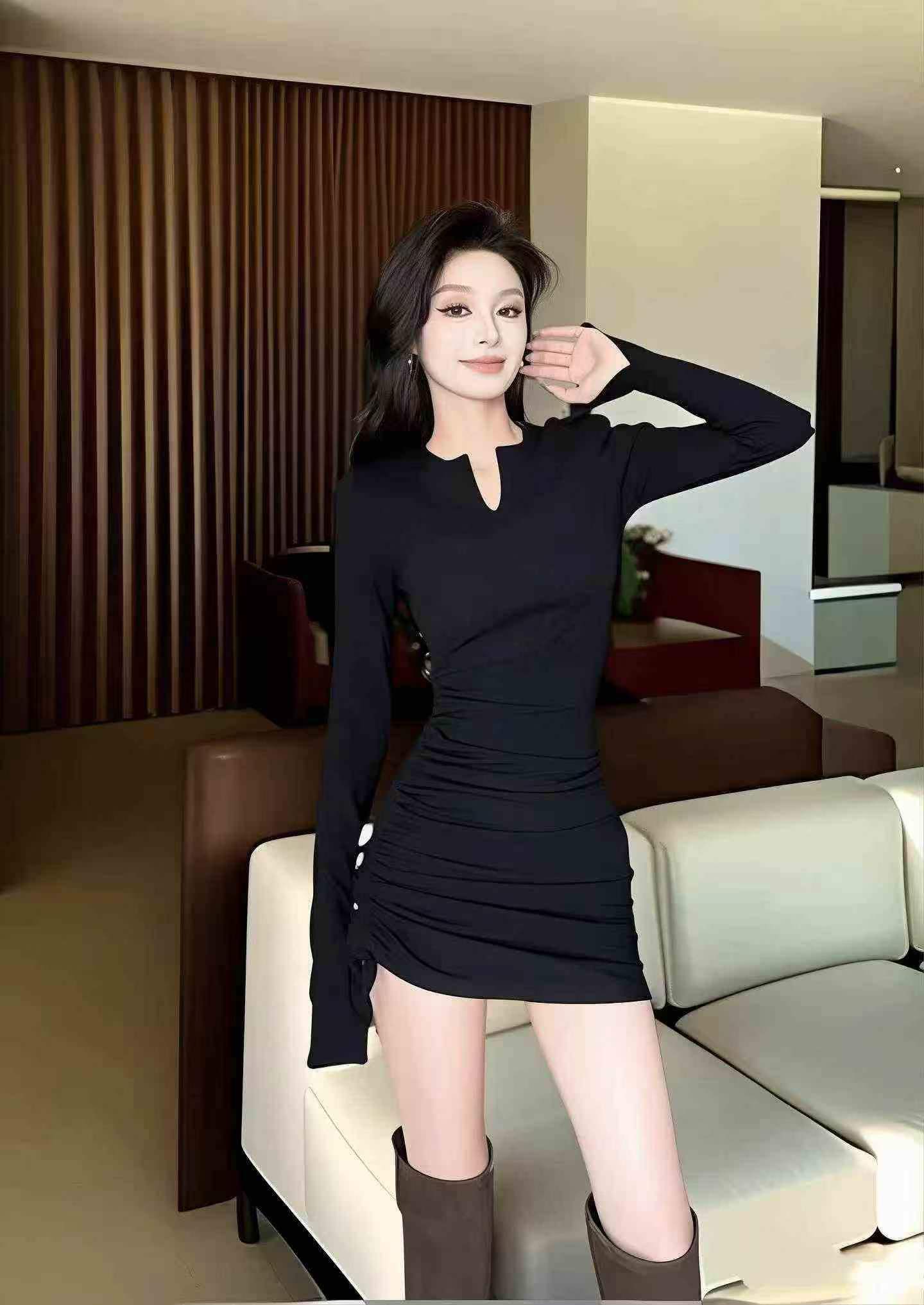 600 Keping Gaun Bodycon Langsing Lengan Panjang Berkerut Musim Bunga - Image 3