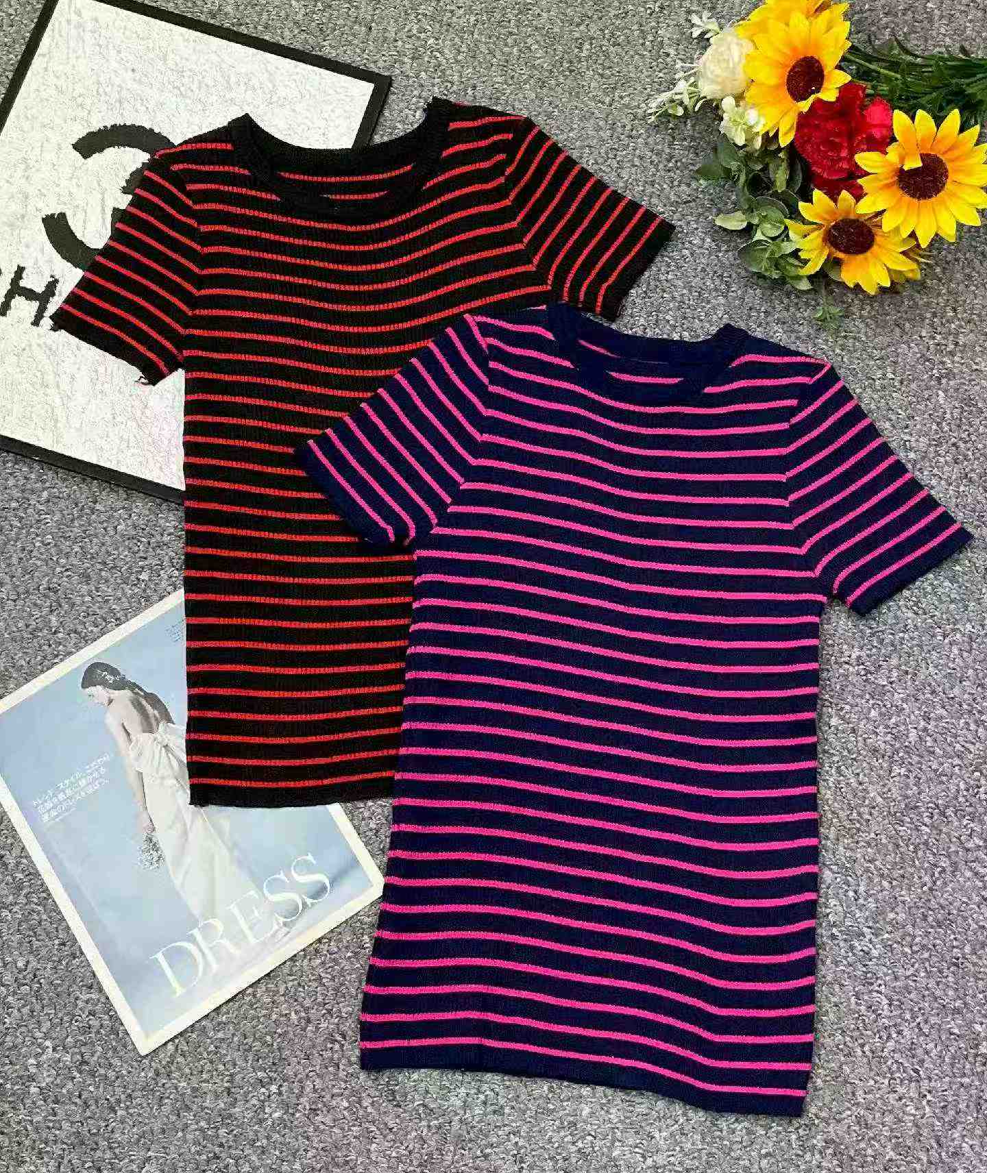200PCS Summer Korean Style Color-block Stripe Ice Silk Knit Short Sleeve T-Shirt - Image 2