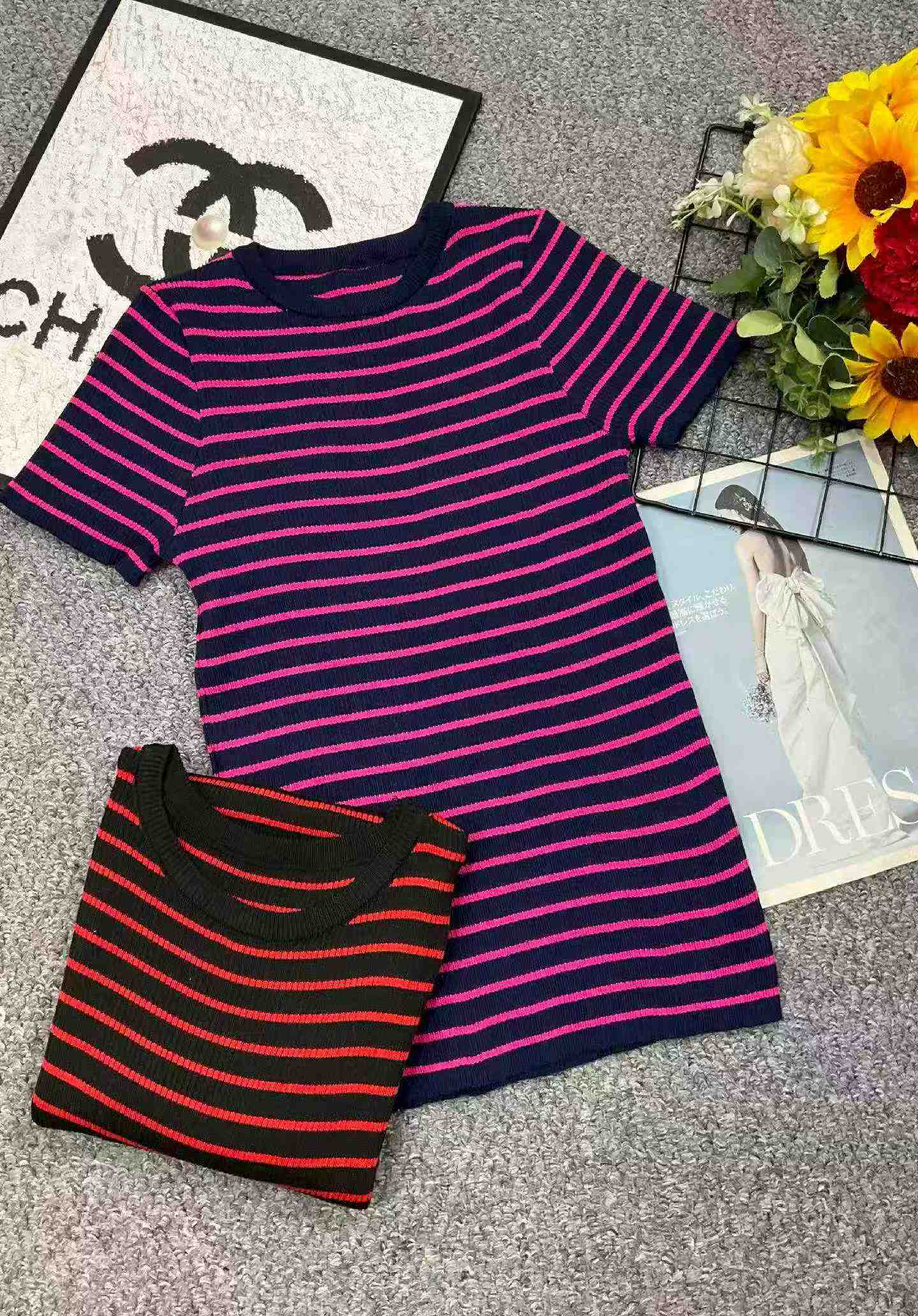 200PCS Summer Korean Style Color-block Stripe Ice Silk Knit Short Sleeve T-Shirt - Image 3