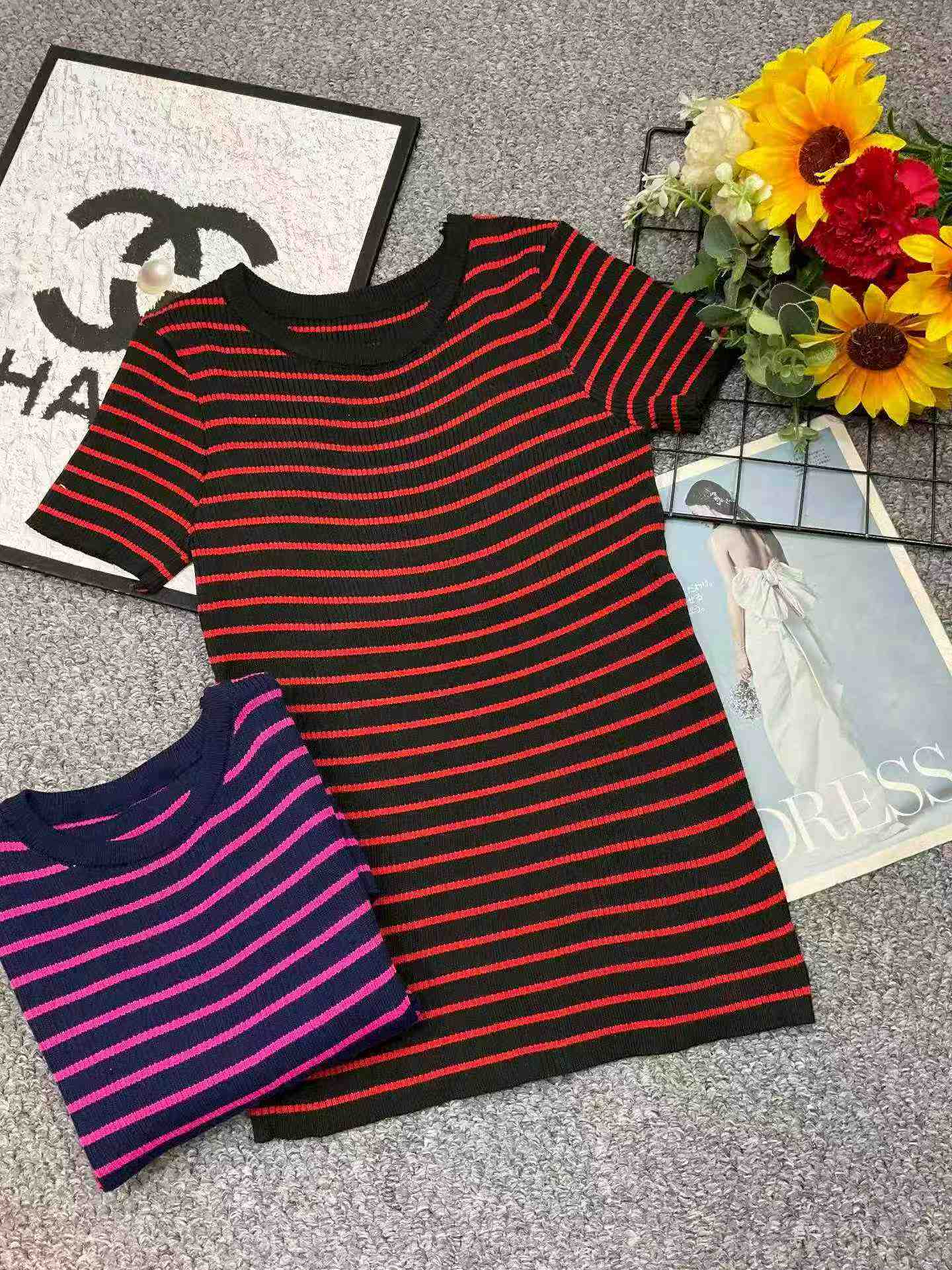 200PCS Summer Korean Style Color-block Stripe Ice Silk Knit Short Sleeve T-Shirt - Image 4