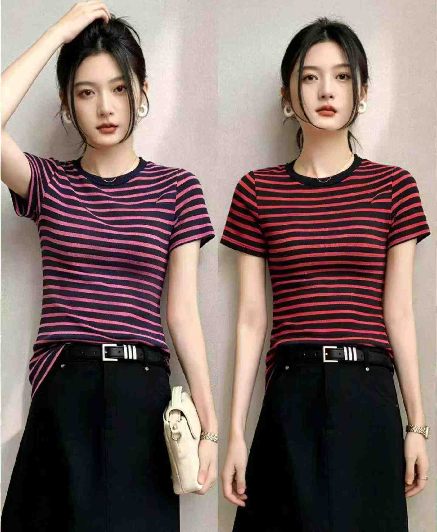 200PCS Summer Korean Style Color-block Stripe Ice Silk Knit Short Sleeve T-Shirt - Image 5