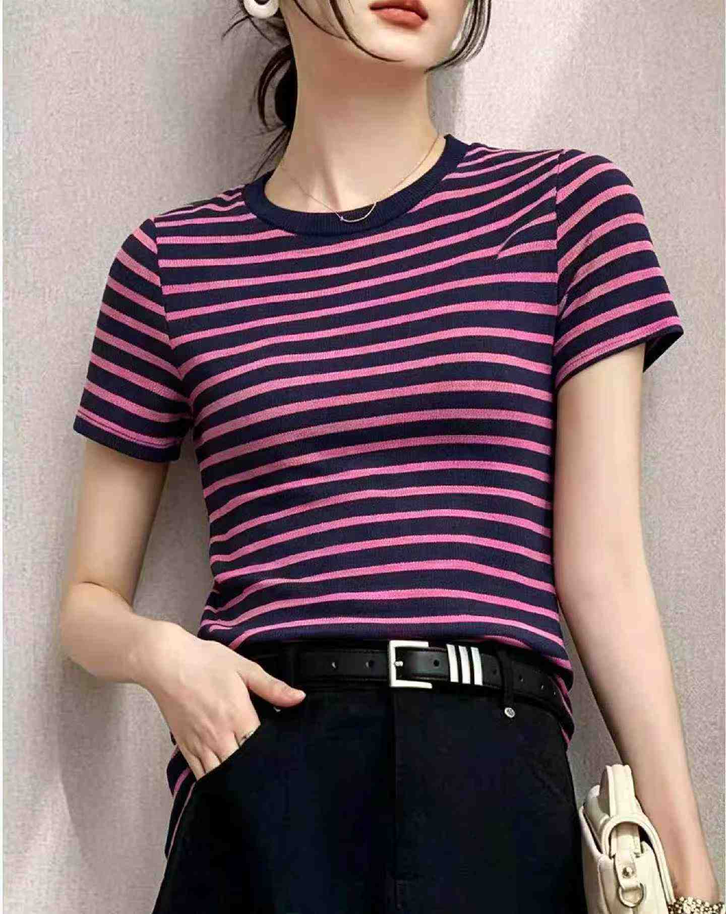 200PCS Summer Korean Style Color-block Stripe Ice Silk Knit Short Sleeve T-Shirt - Image 6