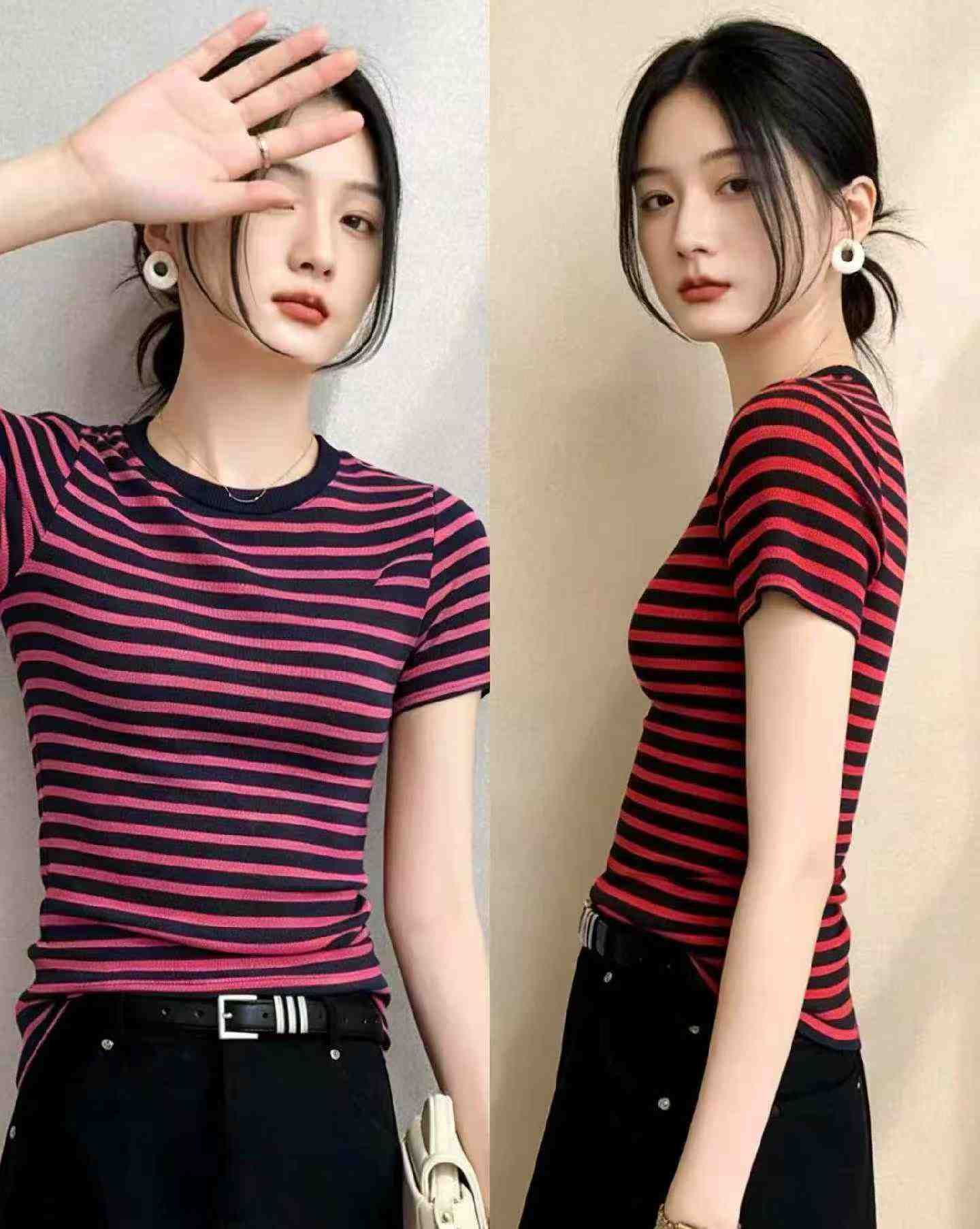 200PCS Summer Korean Style Color-block Stripe Ice Silk Knit Short Sleeve T-Shirt - Image 7
