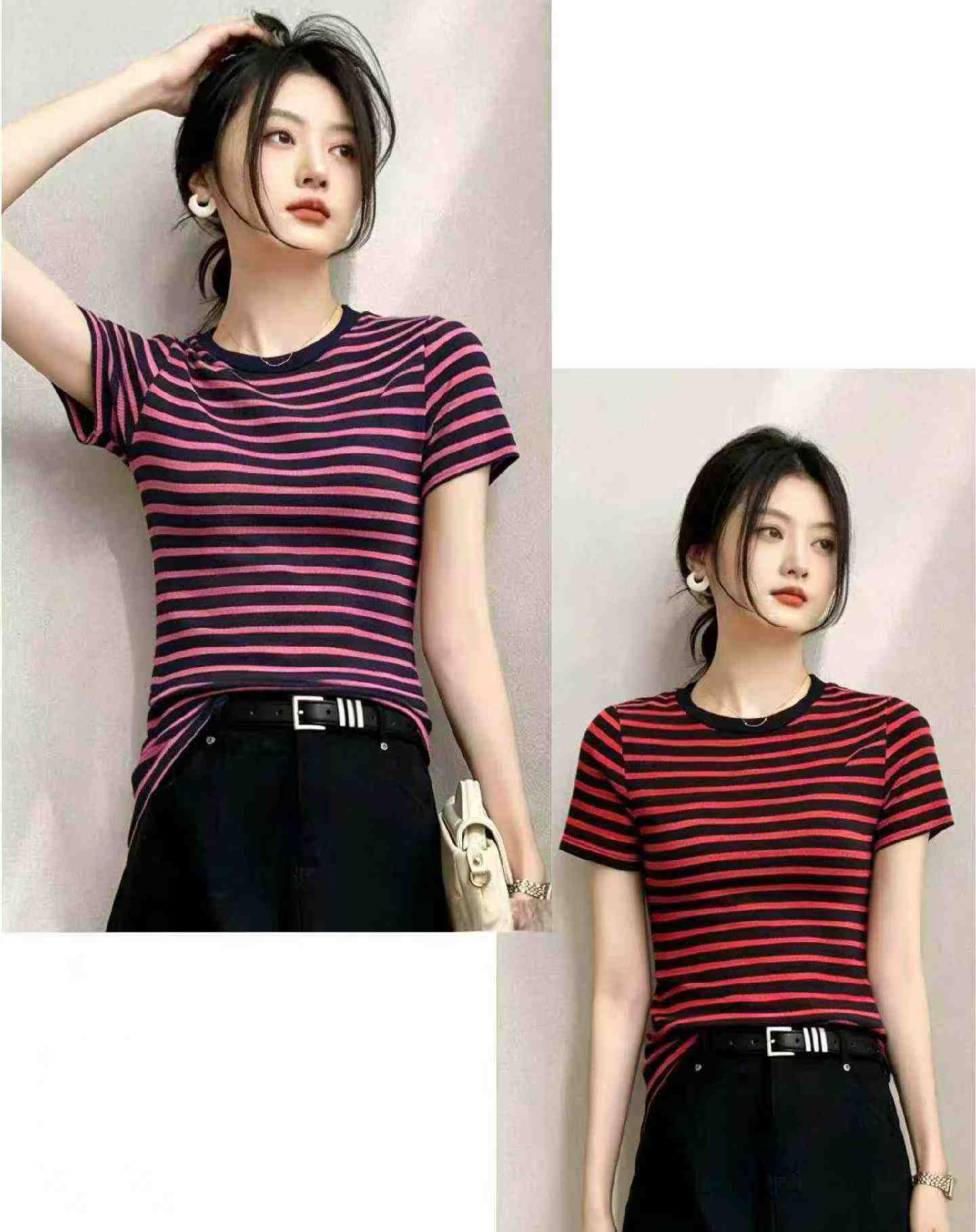 200PCS Summer Korean Style Color-block Stripe Ice Silk Knit Short Sleeve T-Shirt - Image 8