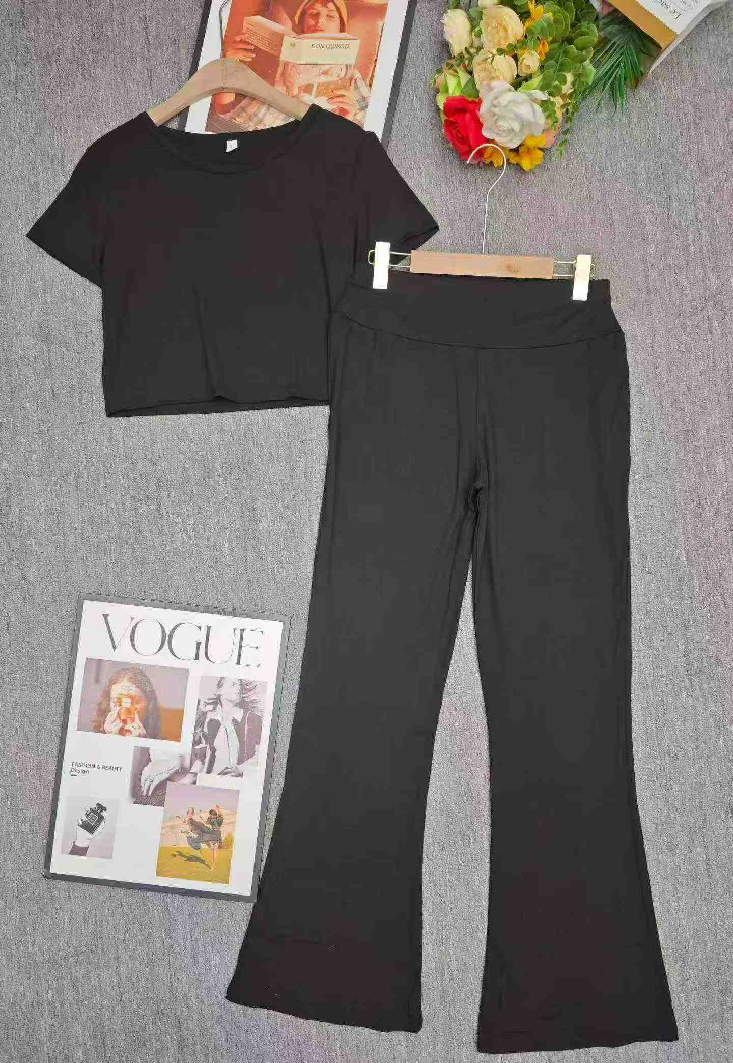 102 Sets Korean Style Women Slim Fit Pilates Sports Short Sleeve Flared Pants Set XL - Image 6