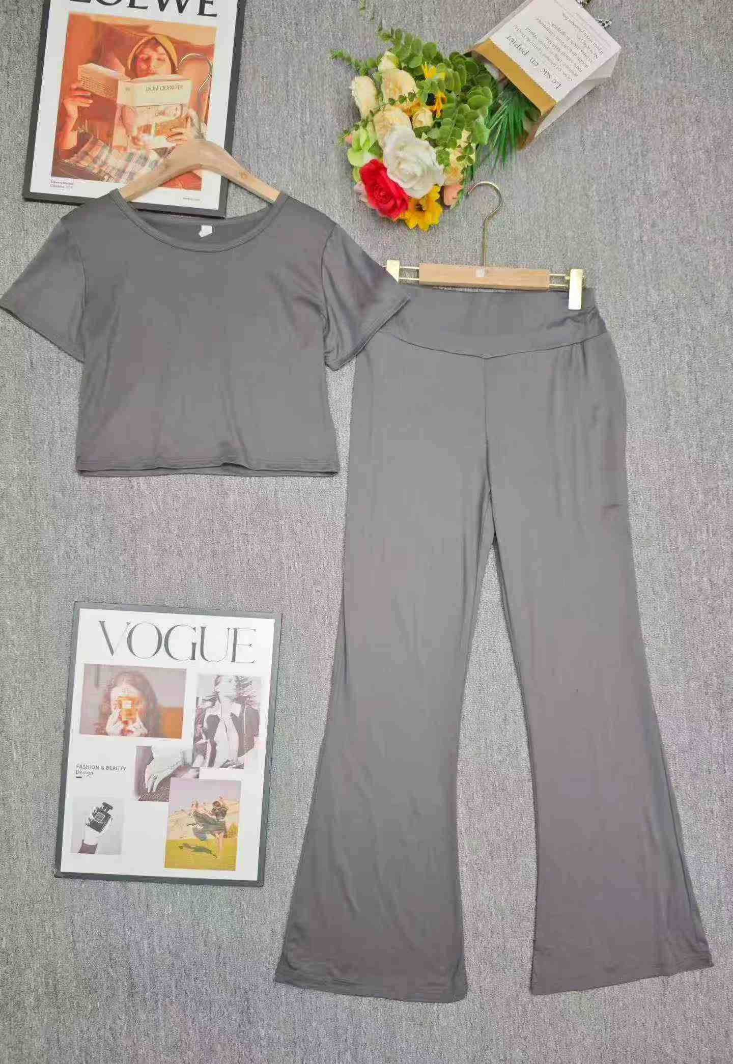 102 Sets Korean Style Women Slim Fit Pilates Sports Short Sleeve Flared Pants Set XL - Image 8