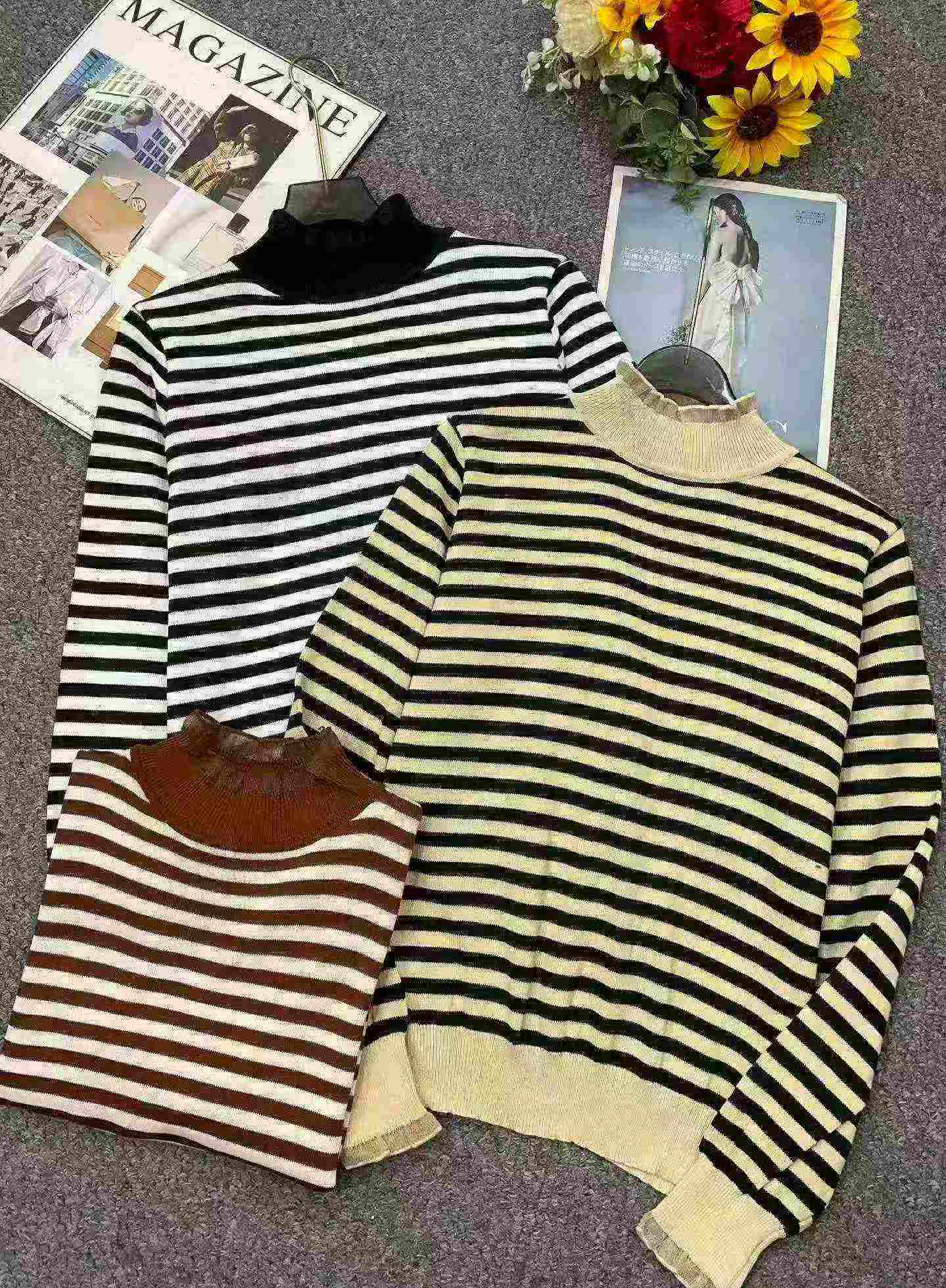 Autumn Winter Colorblock Stripe Mock Neck Loose Pullover Sweater 1680 Pcs - Image 2