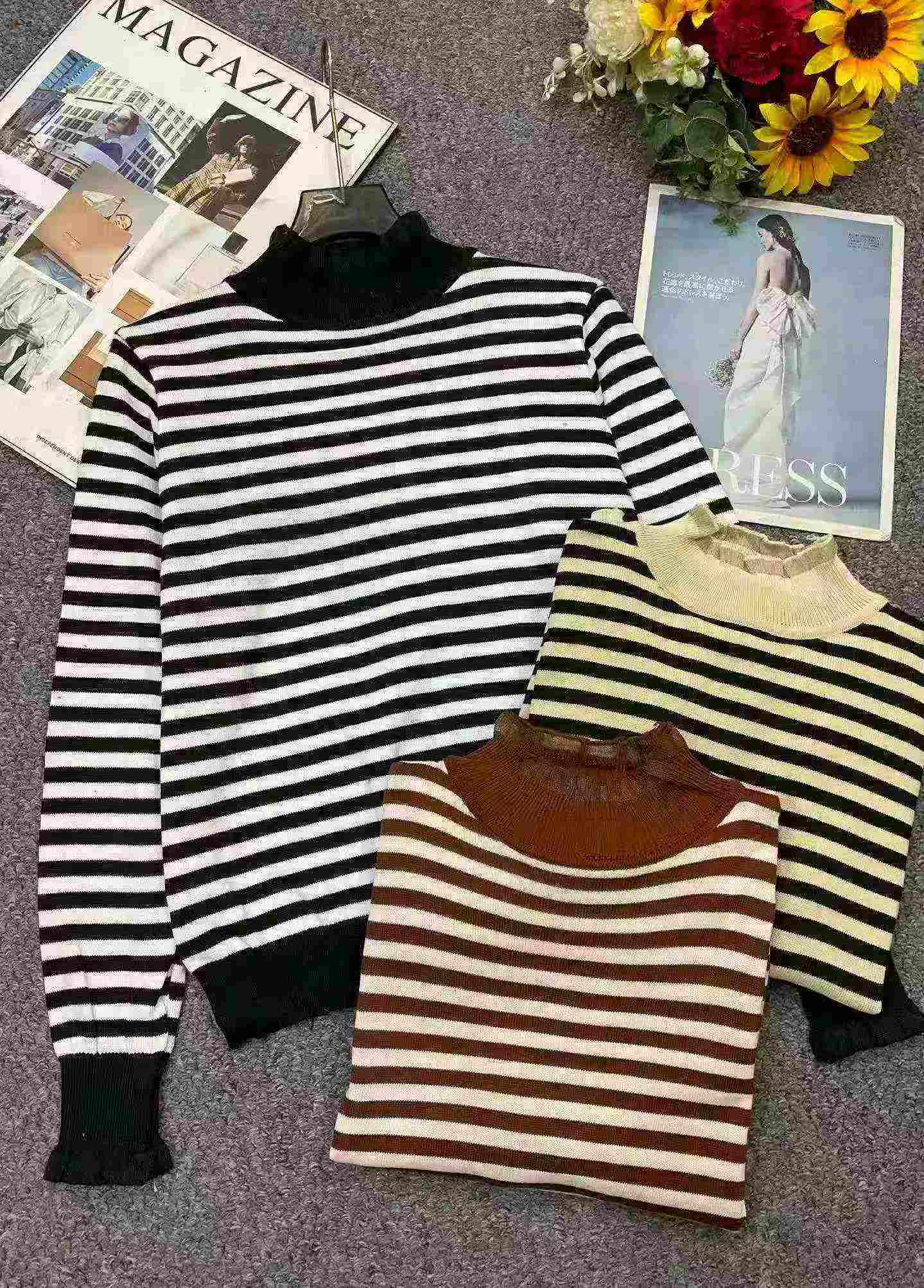 Autumn Winter Colorblock Stripe Mock Neck Loose Pullover Sweater 1680 Pcs - Image 3