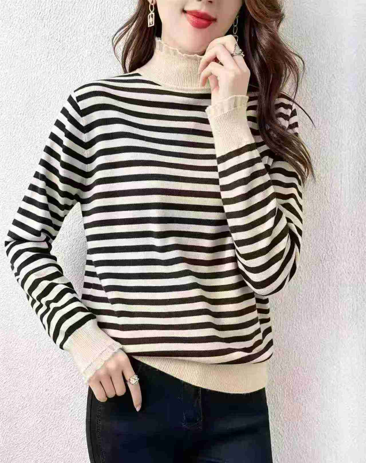 Autumn Winter Colorblock Stripe Mock Neck Loose Pullover Sweater 1680 Pcs - Image 6