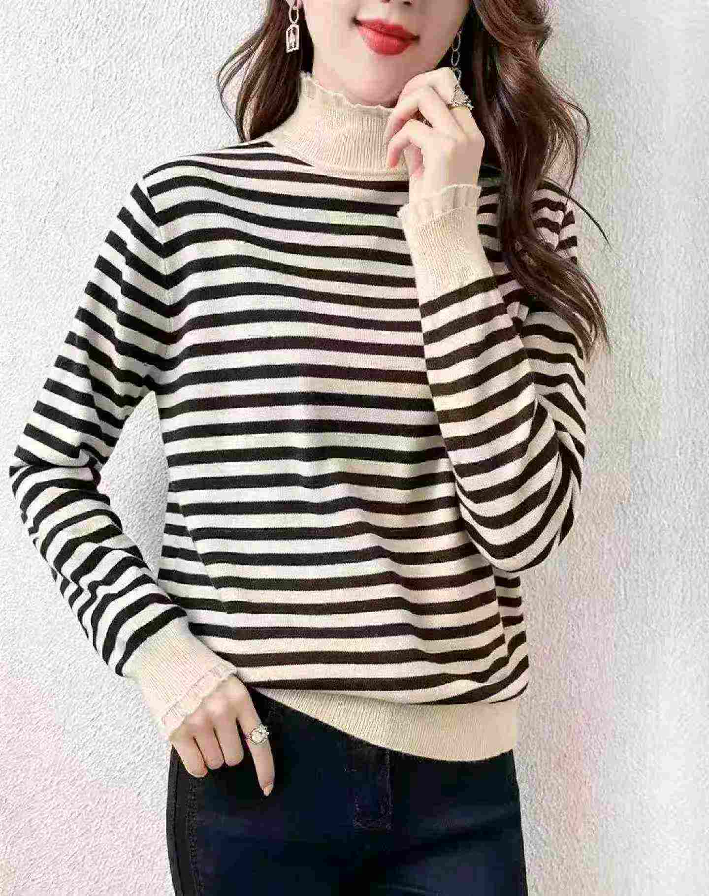 Autumn Winter Colorblock Stripe Mock Neck Loose Pullover Sweater 1680 Pcs - Image 7