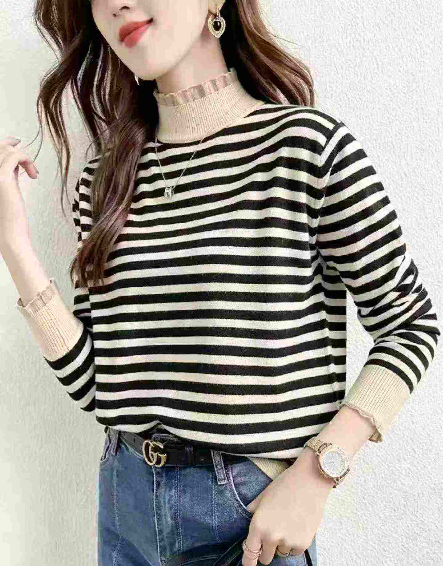 Autumn Winter Colorblock Stripe Mock Neck Loose Pullover Sweater 1680 Pcs - Image 8
