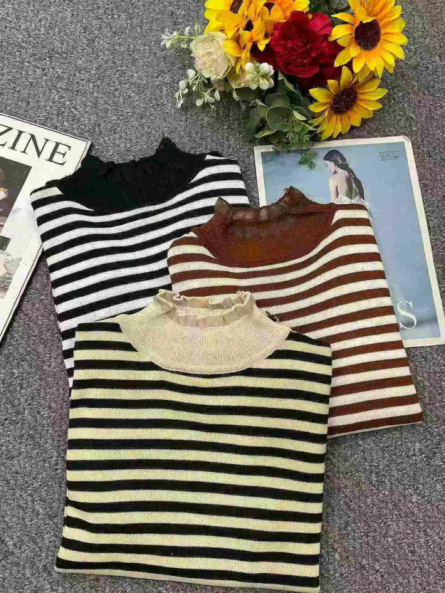 Autumn Winter Colorblock Stripe Mock Neck Loose Pullover Sweater 1680 Pcs - Image 9
