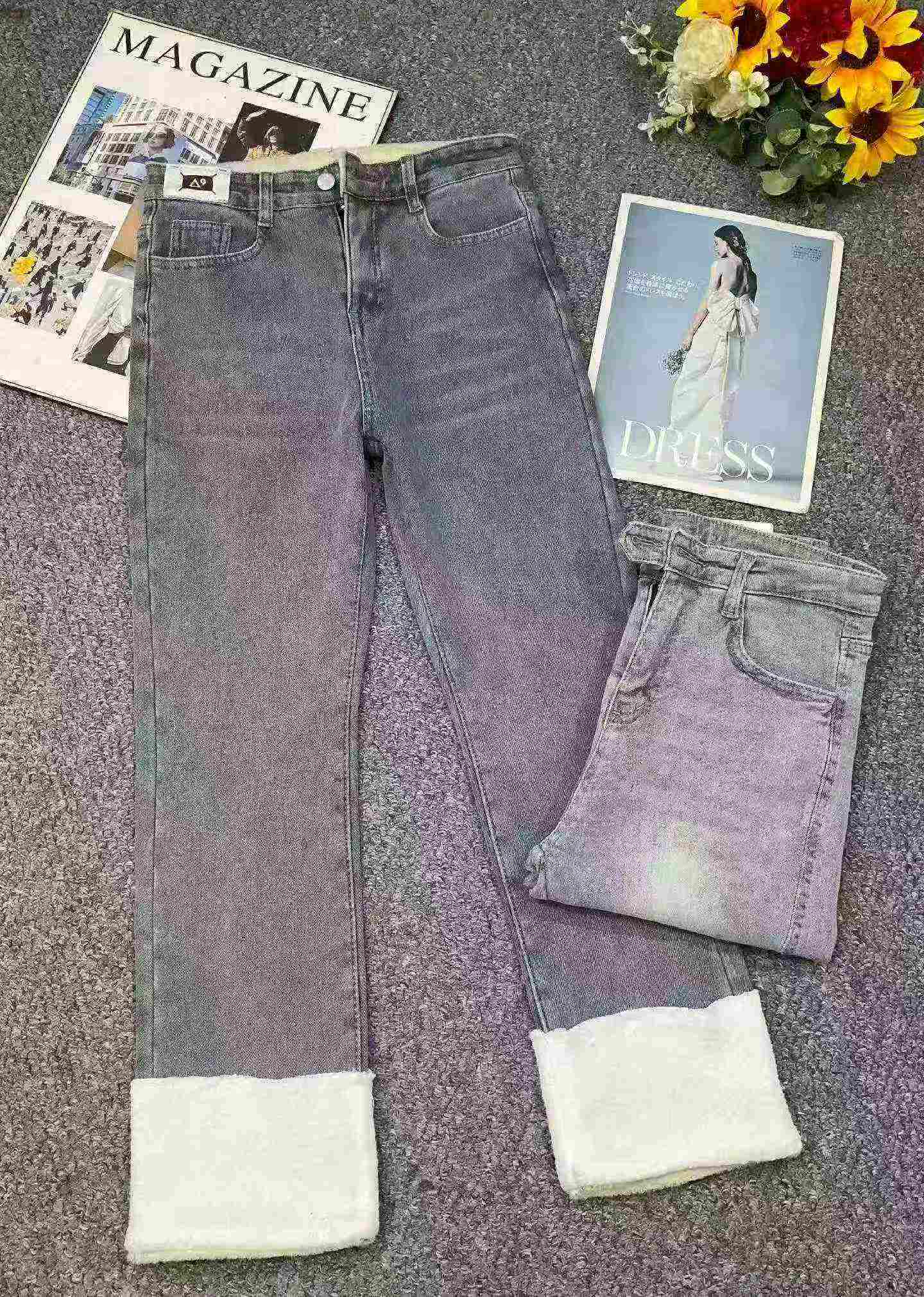 Autumn Winter New High Waist Patchwork Fleece Straight Cigarette Jeans, 145pcs, S-XL, Individual Packing With Tag - Image 2