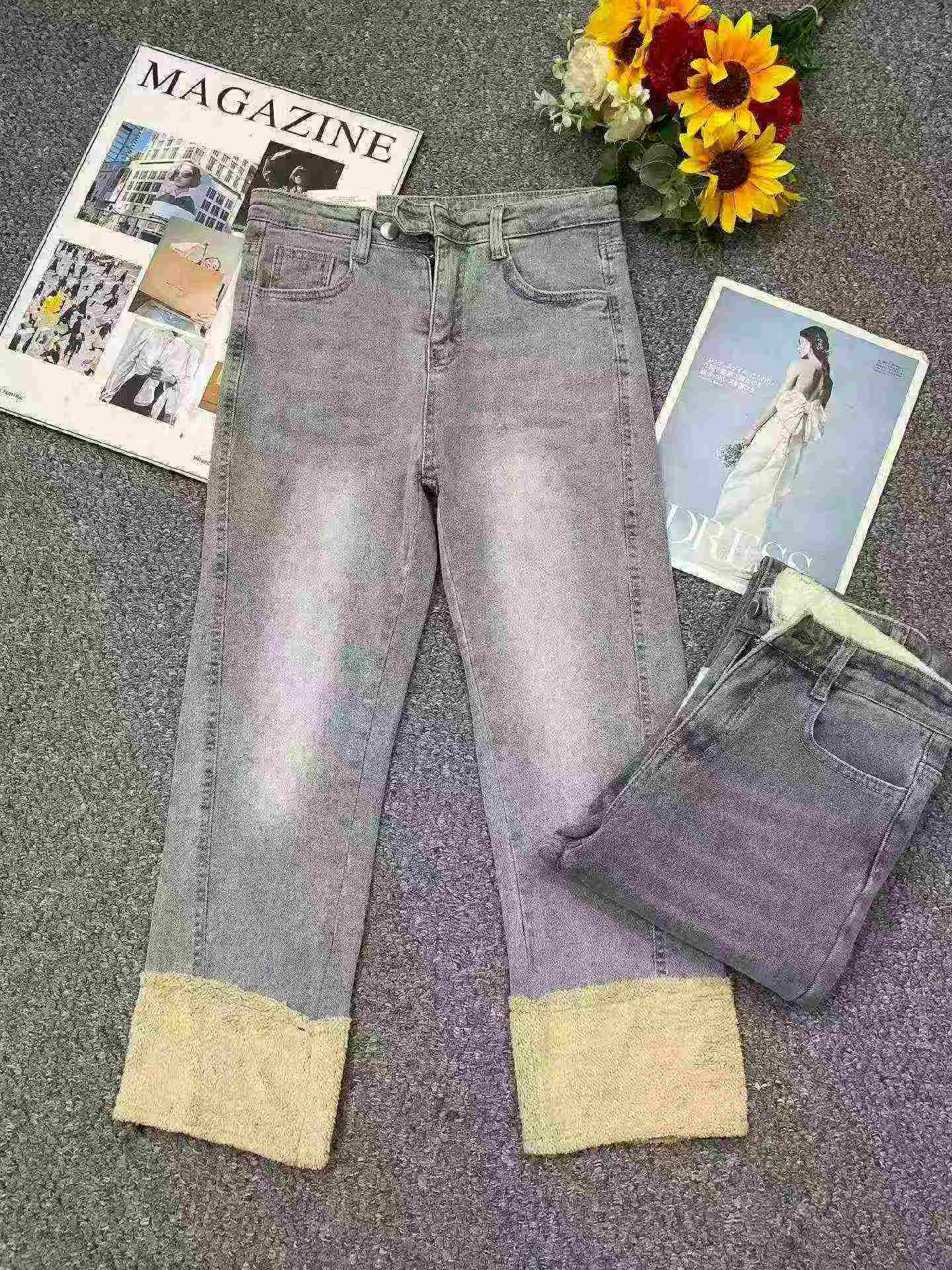 Autumn Winter New High Waist Patchwork Fleece Straight Cigarette Jeans, 145pcs, S-XL, Individual Packing With Tag - Image 3