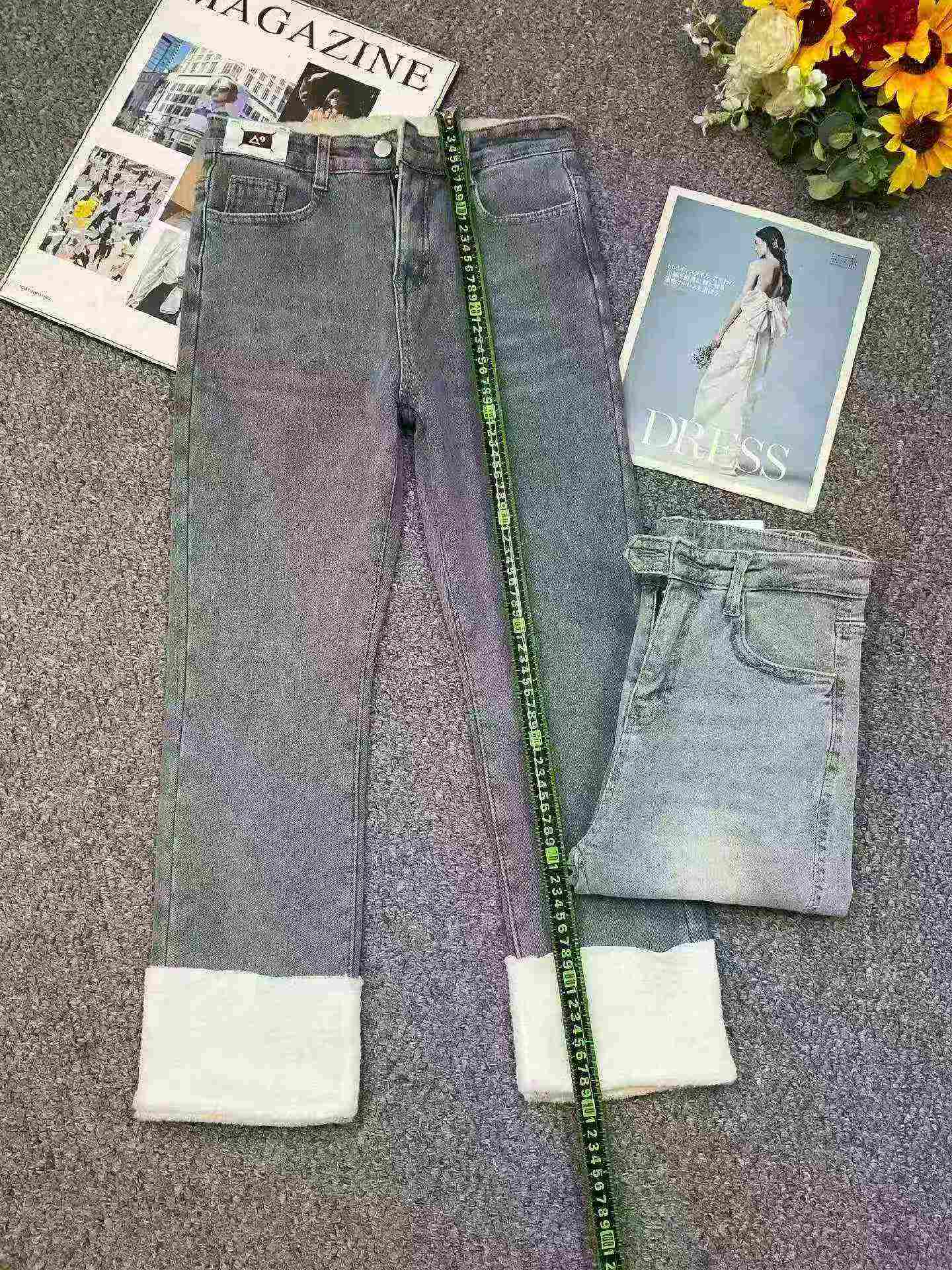 Autumn Winter New High Waist Patchwork Fleece Straight Cigarette Jeans, 145pcs, S-XL, Individual Packing With Tag - Image 4