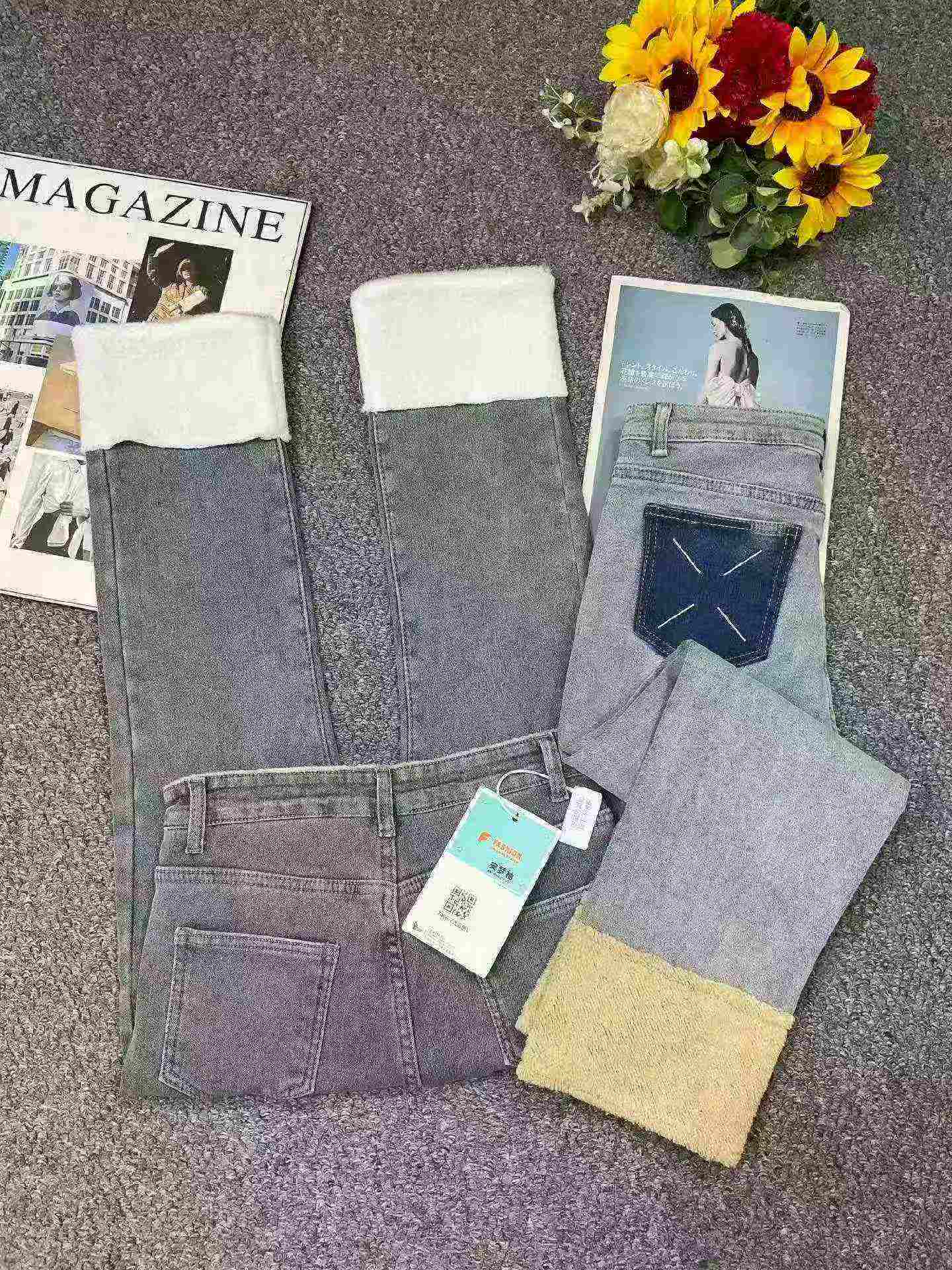 Autumn Winter New High Waist Patchwork Fleece Straight Cigarette Jeans, 145pcs, S-XL, Individual Packing With Tag - Image 5
