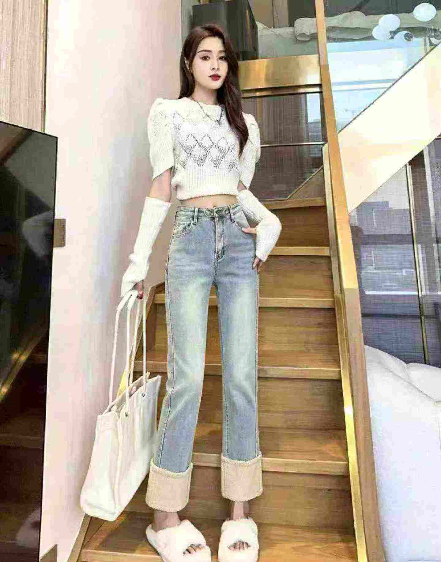 Autumn Winter New High Waist Patchwork Fleece Straight Cigarette Jeans, 145pcs, S-XL, Individual Packing With Tag - Image 6