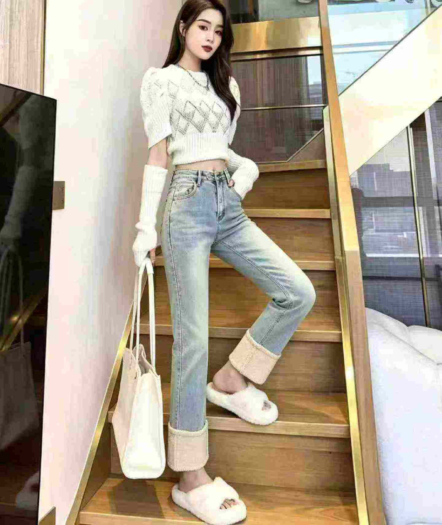 Autumn Winter New High Waist Patchwork Fleece Straight Cigarette Jeans, 145pcs, S-XL, Individual Packing With Tag - Image 7