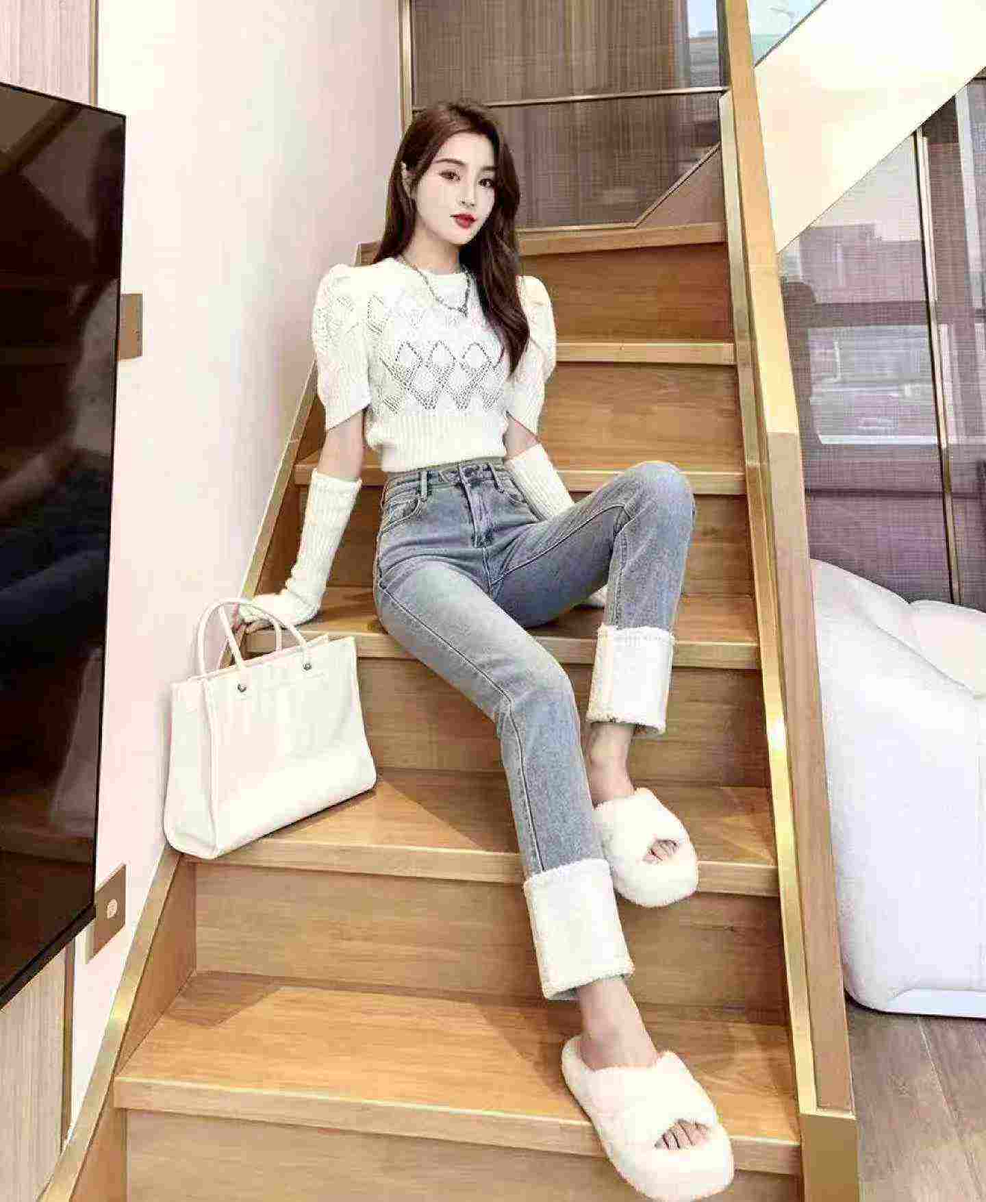 Autumn Winter New High Waist Patchwork Fleece Straight Cigarette Jeans, 145pcs, S-XL, Individual Packing With Tag - Image 8