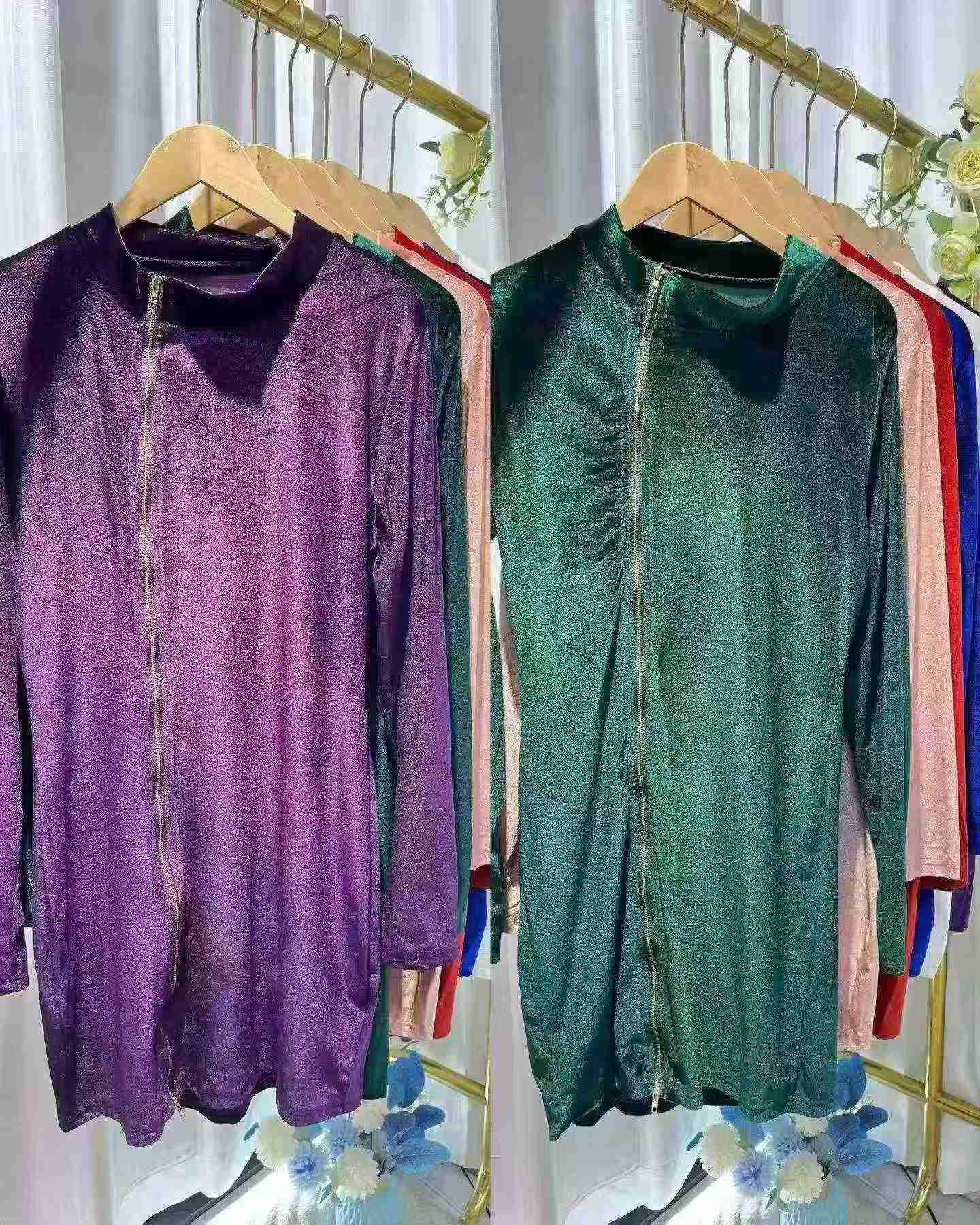 Women's Stand Collar Velvet Long Sleeve Zipper Dress About 336 Pcs Size S-3XL - Image 2