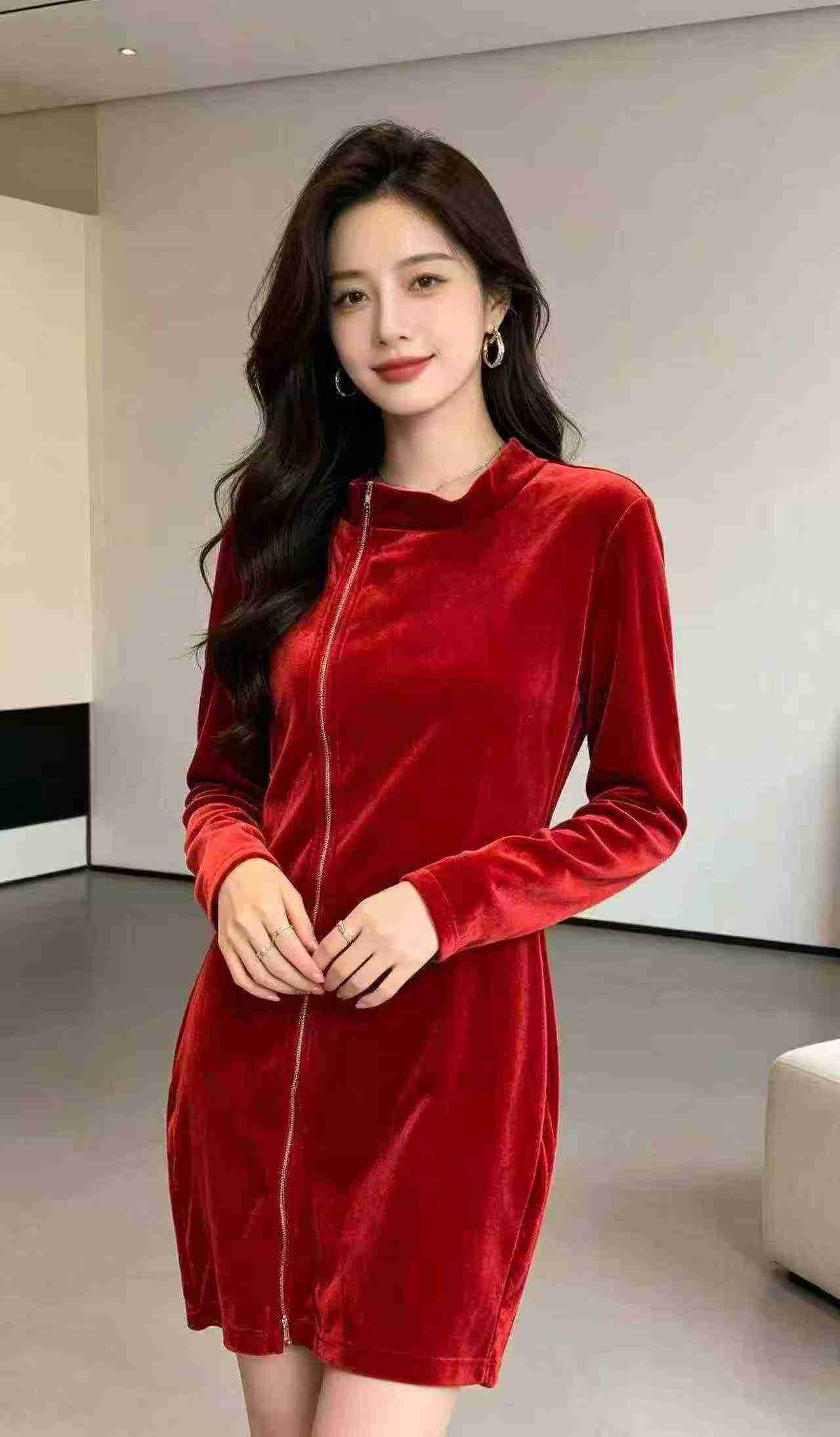 Women's Stand Collar Velvet Long Sleeve Zipper Dress About 336 Pcs Size S-3XL - Image 5