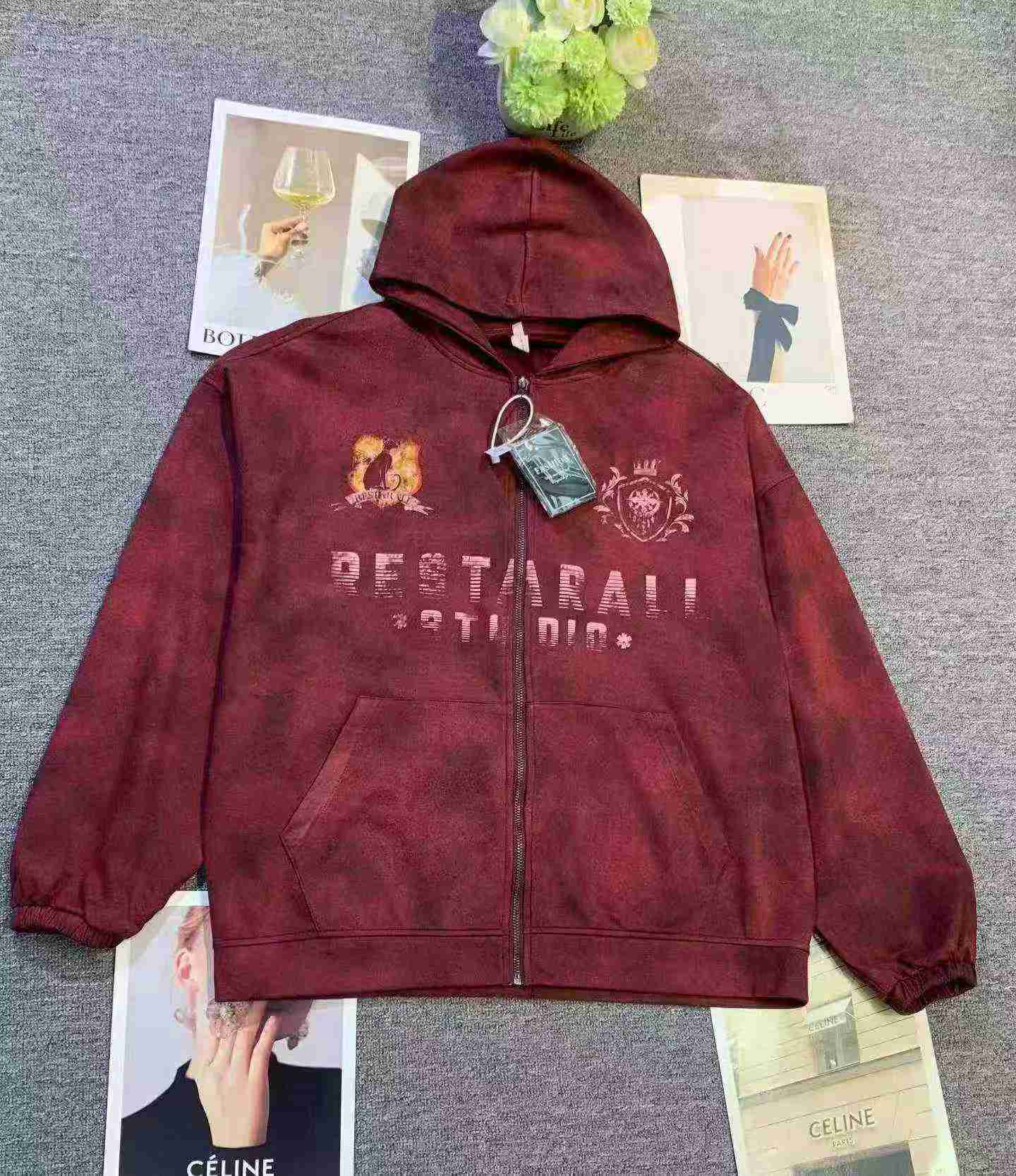 About 120pcs Retro Hip-hop Unisex Suede Zip-up Hooded Cardigan Sweatshirts - Image 2