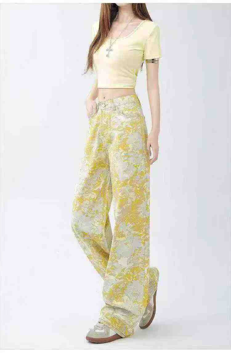 Unisex Yellow Tie Dye Printed High Waist Wide Leg Jeans, About 256 Pcs, Size L-3XL - Image 2